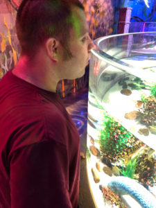 Justin looks over the edge of a fish tank.